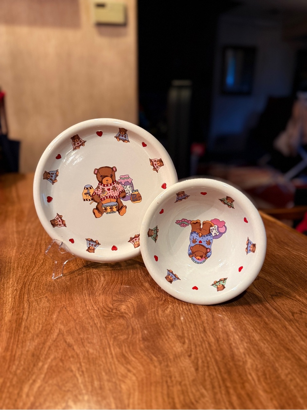 Vintage 1987 Lillian Vernon Teddy Bear Ceramic Plate & Bowl